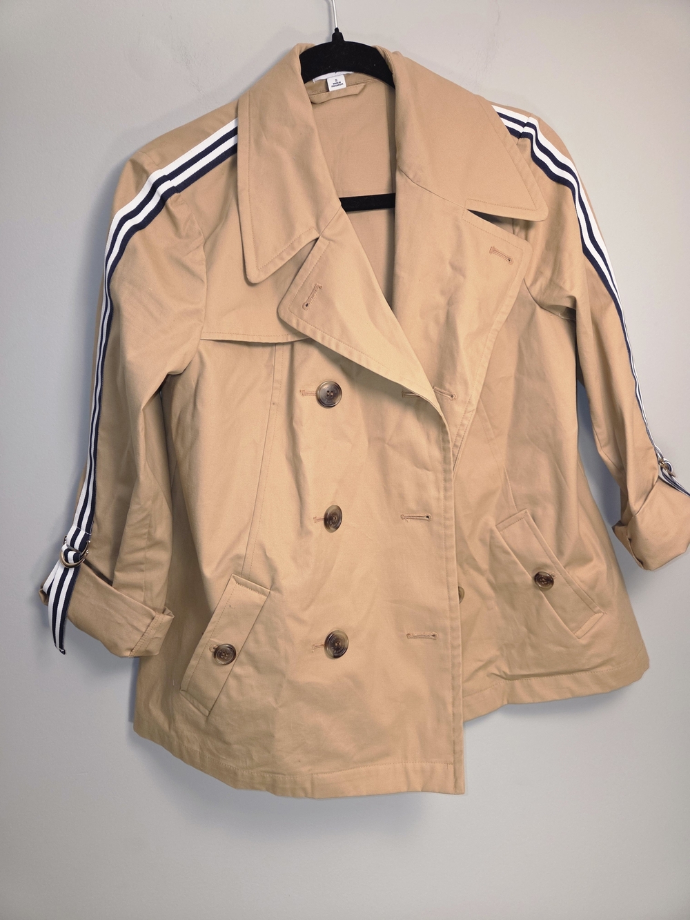 crown & ivy Tan Trench Coat with Navy and White Shoulder Stripes